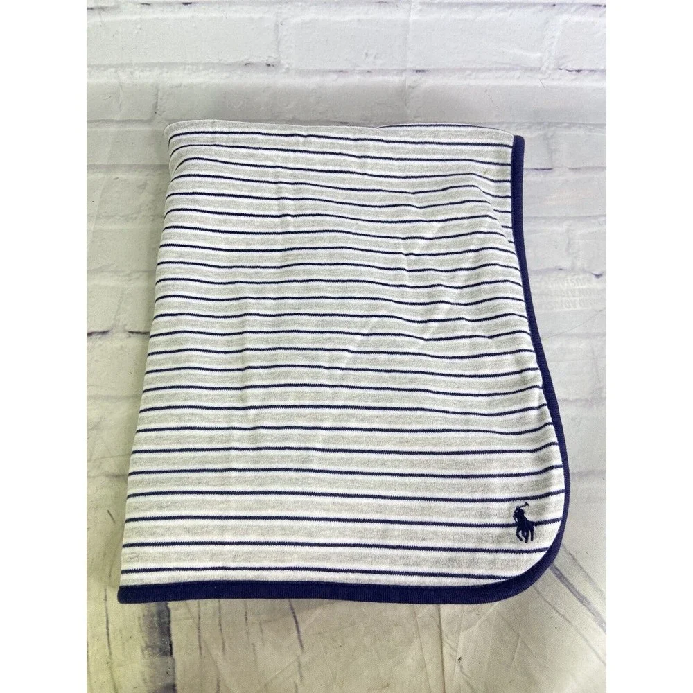 Ralph Lauren Polo Baby Knit Striped White Gray Blue Receiving Security Blanket